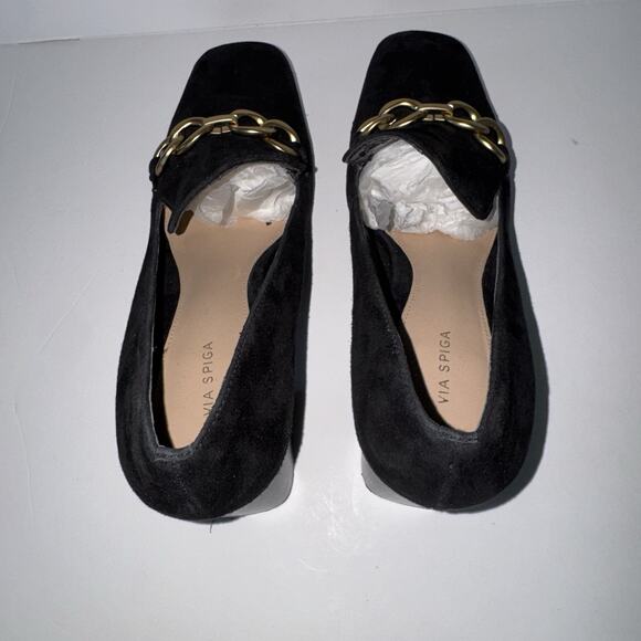 Vis Spiga Women’s Black Suede Block Heel Loafers Size 7 Chain Detail Slip On - Picture 5 of 11
